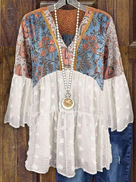 

V Neck Loose Elegant Chiffon Shirt, Blue, Shirts & Blouses