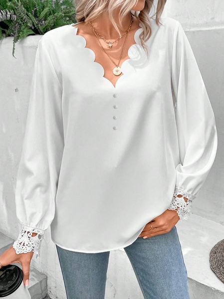 

Casual Loose Plain Lace Shirt, White, Shirts & Blouses