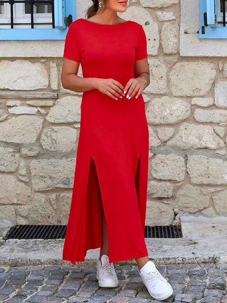 

Crew Neck Regular Fit Casual Daily Dress, Red, Maxi Dresses