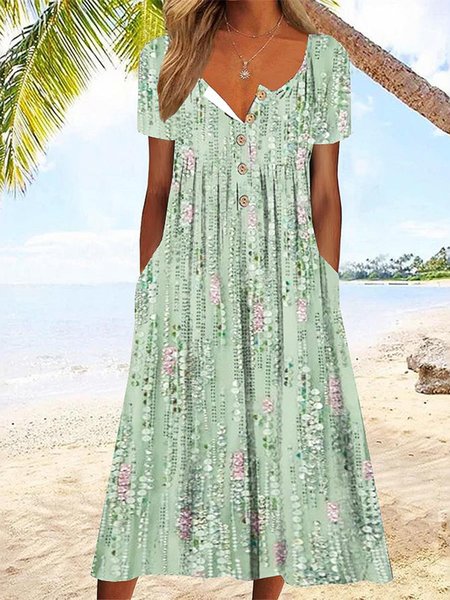 

Buttoned Crew Neck Loose Casual Dress, Green, Maxi Dresses