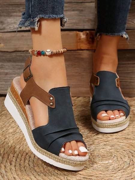 

Color Block Ruched Wedge Heel Espadrille Sandals, Dark blue, Sandals
