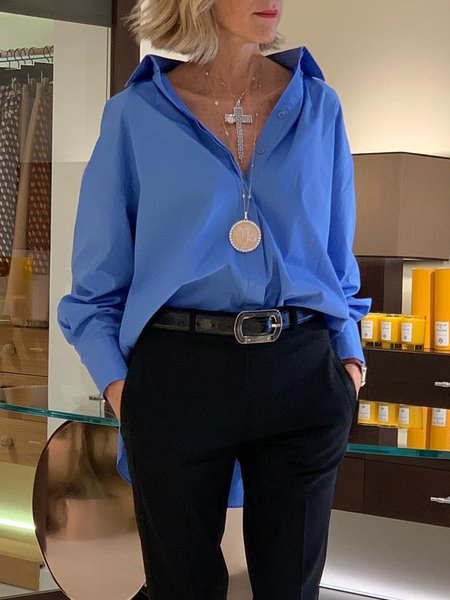 

Urban Shirt Collar Loose Plain Blouse, Blue, Blouses and Shirts