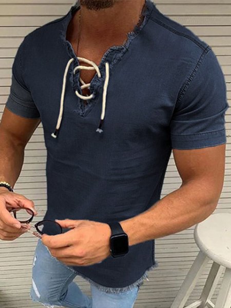 

Men's Casual Lace-Up Tassel Short Sleeve T-Shirt Everyday Clothing, Black, Shirts ＆ Blouse