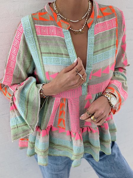 

V Neck Loose Geometric Elegant Ruffled Sleeves Shirt, Green, Shirts & Blouses
