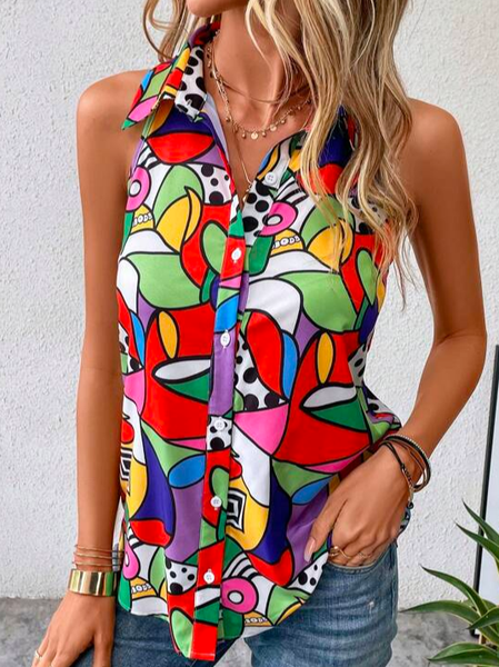 

Loose Geometric Casual Allover Print Button Front Shirt, Orange, Shirts & Blouses