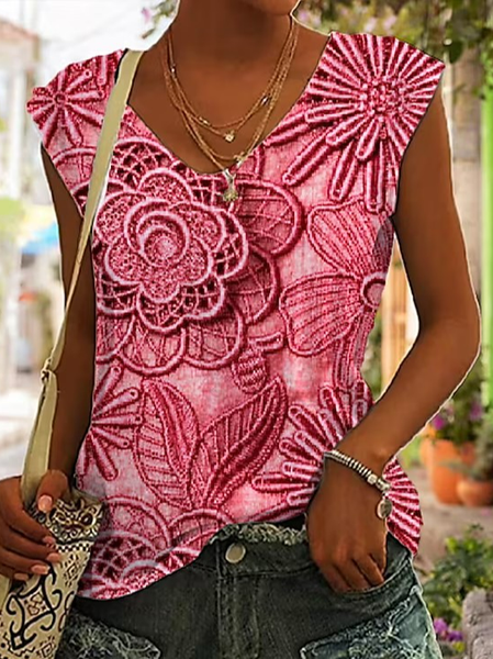 

Loose Casual Floral V Neck Tank Top, Dark pink, Tanks & Camis