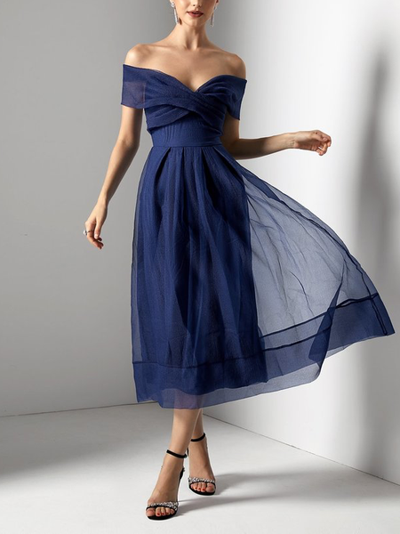 

Regular Fit Boat Neck Elegant Party Dress, Blue, Maxi Dresses