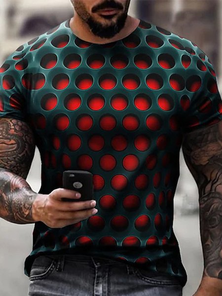 

Casual 3D Geometric Grid Pattern Round Neck Short Sleeve T-Shirt Daily Men's Clothing, Red, T-Shirts