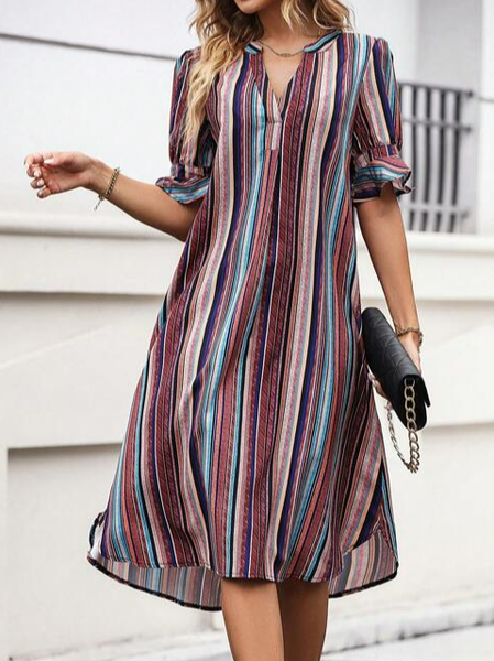 

Loose V Neck Striped Casual Dress, Brown, Dresses