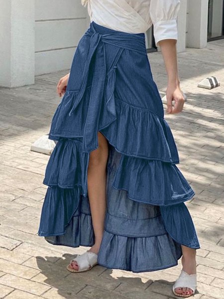 

Loose Urban Plain Faux Denim Skirt, Blue, Denim Skirts