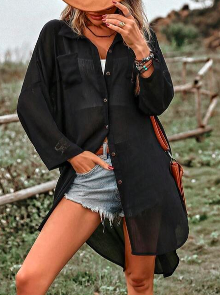 

Shirt Collar Plain Loose CasualSolid Button Front Shirt, Black, Shirts & Blouses