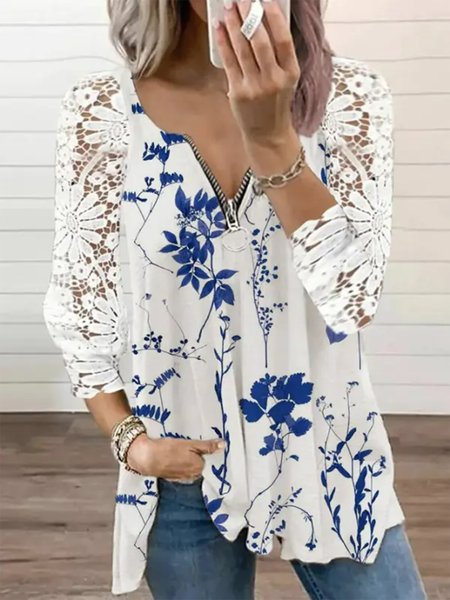 

Floral Casual V Neck Zipper Shirt, Blue, Shirts & Blouses