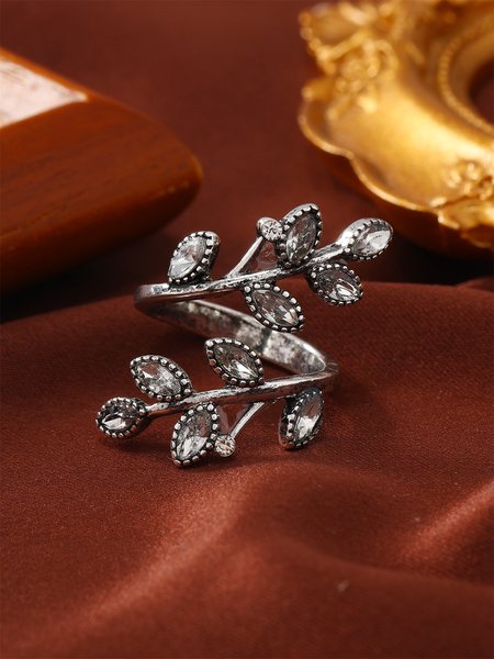 

Vintage Rhinestone Leaf Adjustable Ring, White, Rings