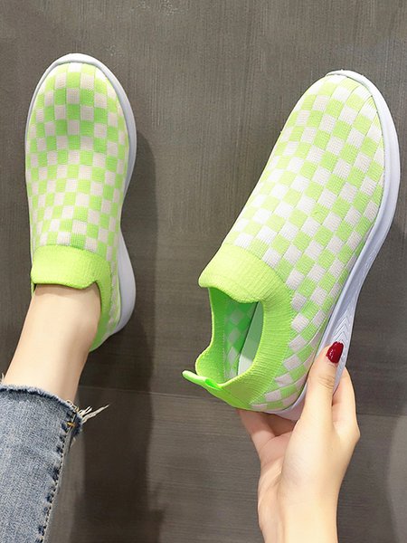 

Checkerboard Graphic Casual High Elastic Fly Knit Sneakers, White-green, Sneakers