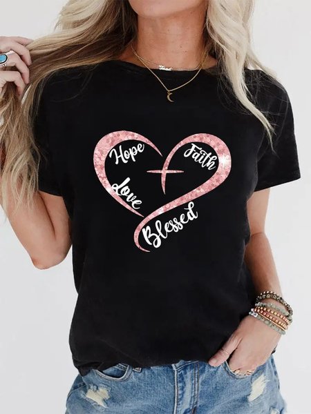 

Loose Crew Neck Heart/Cordate Regular Sleeve Casual T-Shirt, Black, T-Shirts