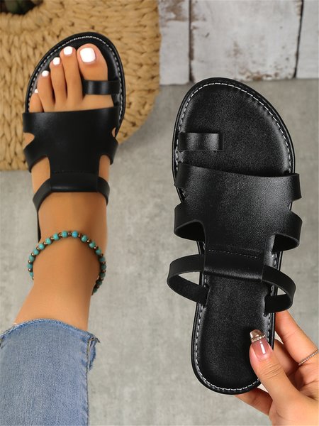 

Hollow Toe Ring Vintage Slide Sandals, Black, Sandals & Slippers