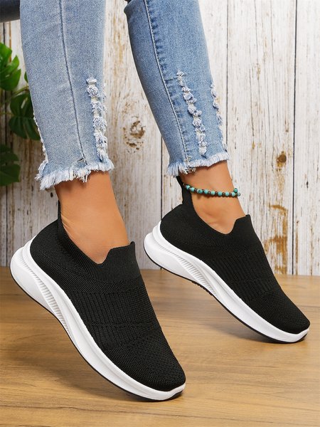 

Solid Color Cushioning Breathable High Elastic Fly Woven Sneakers, Black, Sneakers