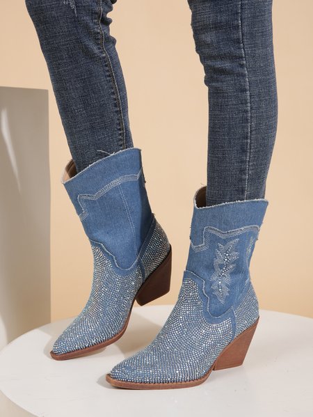 

Blue Denim Rhinestone Embellishment Pointed Toe Cowboy Boots, Denim blue, Boots