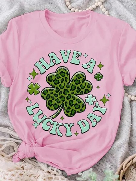

Crew Neck Casual Text Letters T-Shirt, Pink, T-Shirts
