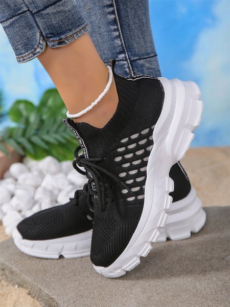 

Hollow Breathable Thick Sole Fly Knit Sneakers, Black, Sneakers
