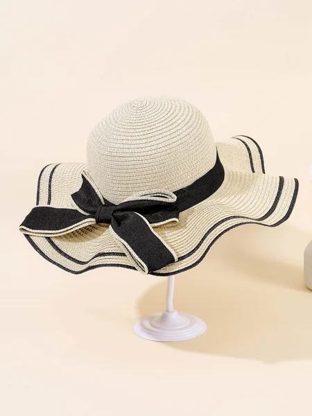 

Holiday Bow Ribbon Contrasting Straw Wide Brim Hat, Beige, Women Hats