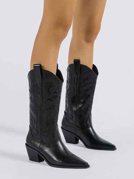

Western Style Black Leather Embroidered Graphic Mid-Cut Cowboy Boots, Boots