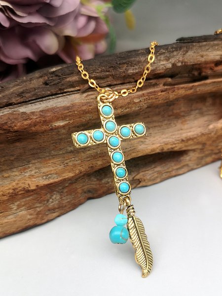 

Turquoise Cross Feather Leaf Ethnic Pendant Necklace, As picture, Necklaces