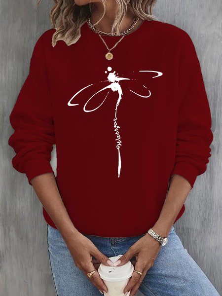 Casual Crew Neck Dragonfly Print Sweatshirt