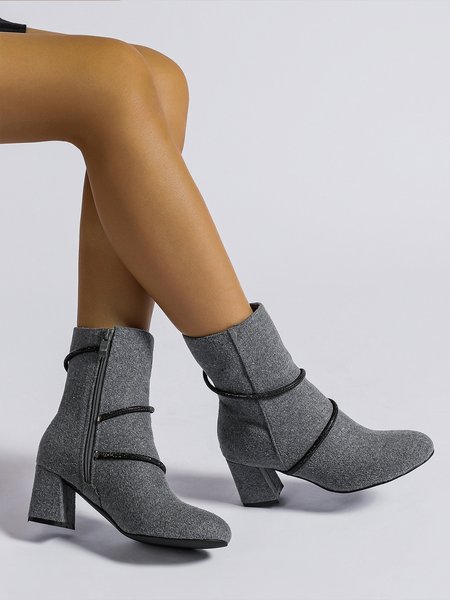 

Rhinestone Decor Plain Chunky Heel Dress Boots, Gray, Boots