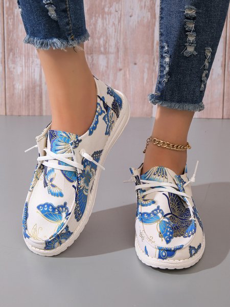 

Blue Butterfly Graphic Lace-Up Flats, Flats