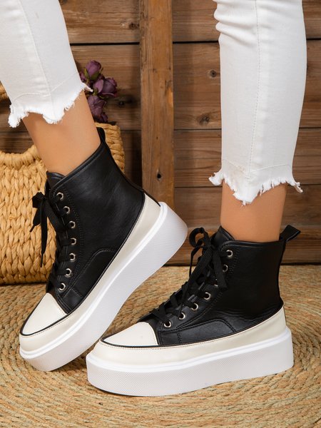 

Leather Chunky-Sole Lace-Up Flat Sneakers, Black, Sneakers