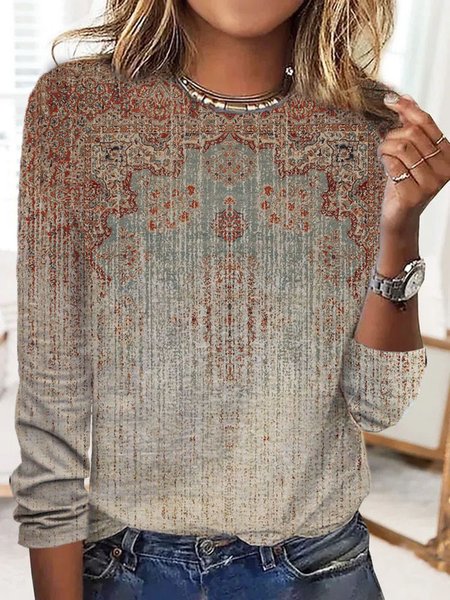 

Loose Jersey Casual Crew Neck T-Shirt, Khaki, Long sleeves