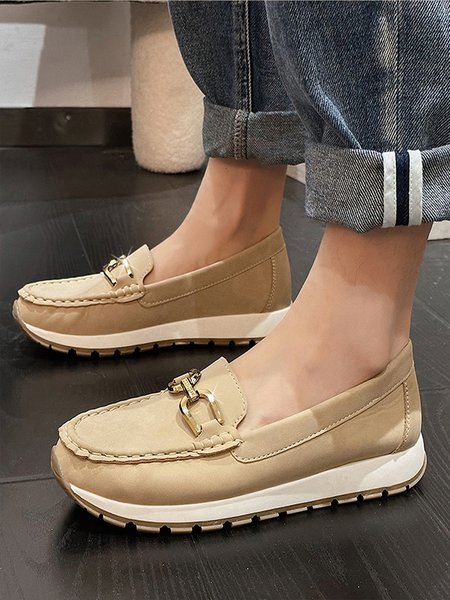 

Khaki Leather Chunky Gold Rhinestone Chain Casual Loafers, Flats