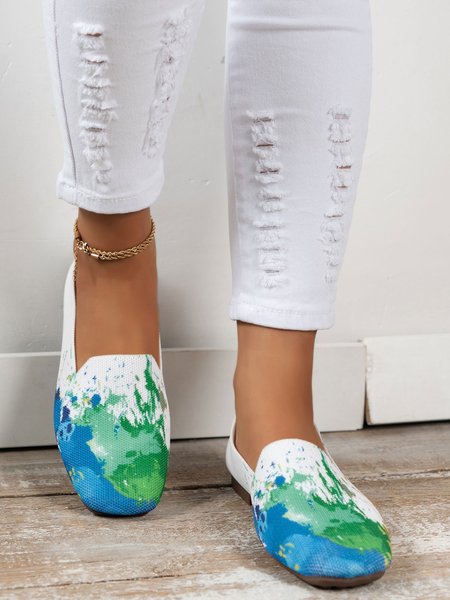 

Casual Abstract Graffiti Breathable Mesh Fabric Square Toe Slip On Shoes, Darkgreen, Flats