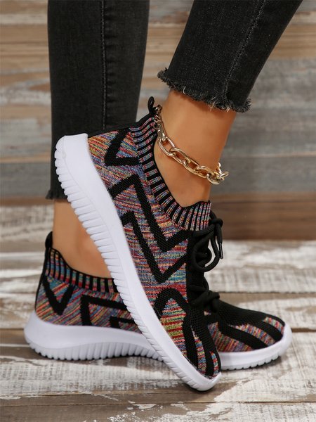 

Striped Color Contrast Shock-absorbing High-elastic Flying Woven Sneakers, Black, Sneakers