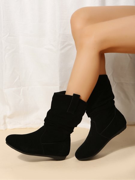 

Solid Crinkled Faux Suede Casual Boots, Black, Boots