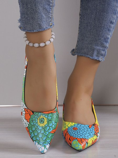 

Floral Print Urban Low Heel Shallow Shoes, Green, Flats