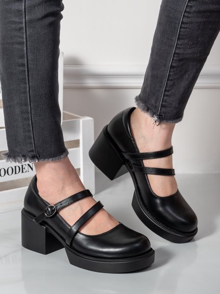 

Black Leather Classic Block Heel Mary Janes, Heels