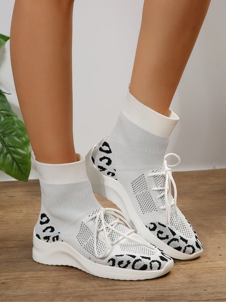 

Leopard Lace-Up Decor Breathable Mesh Fabric Sock Boots, Gray, Boots