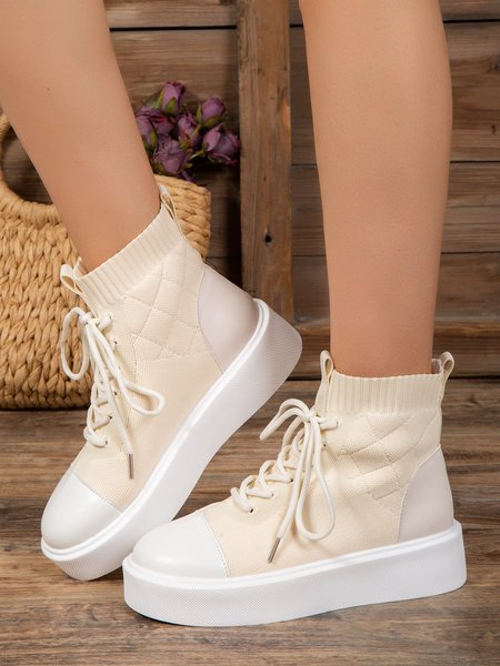 

Solid Color High Elastic Flying Weave Splicing PU Lace-up Casual Boots, Beige, Sneakers