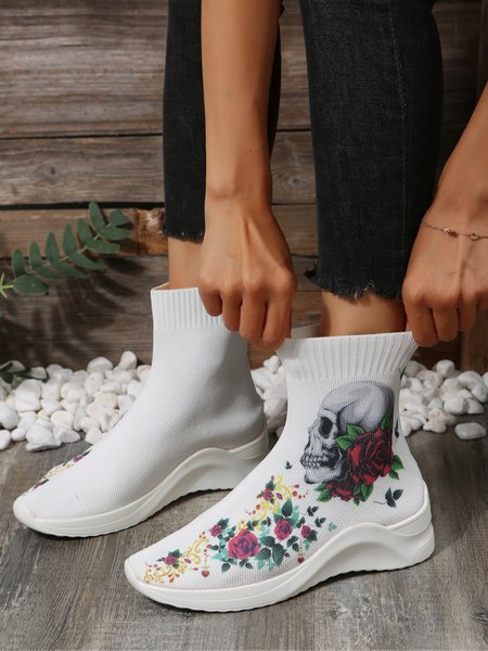 

Halloween Skull Floral Breathable Mesh Fabric Sock Boots, White, Boots