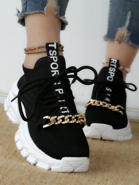 

Black Letter Label Gold Rhinestone Chain Street Style Fly Knit Sneakers, Sneakers