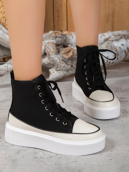 

Solid Color Thick Sole Heightened Lace-up Canvas Shoes, Black, Sneakers