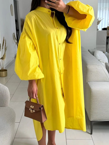 

Loose Long sleeve Shirt Collar Plain Urban Maxi Dress Shirt Dress, Yellow, Midi Dresses