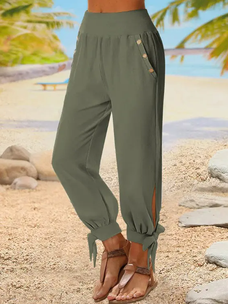 

Casual Buckle Loose Plain Pants, Green, Pants
