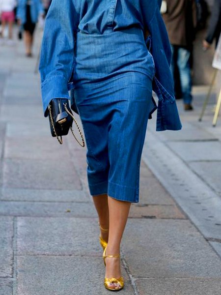 

Casual Denim Regular Fit Plain Denim Skirt, Blue, Denim Skirts