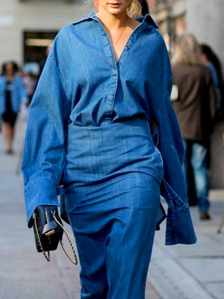 

Shirt Collar Casual Plain Regular Fit Denim Blouse, Blue, Blouses and Shirts