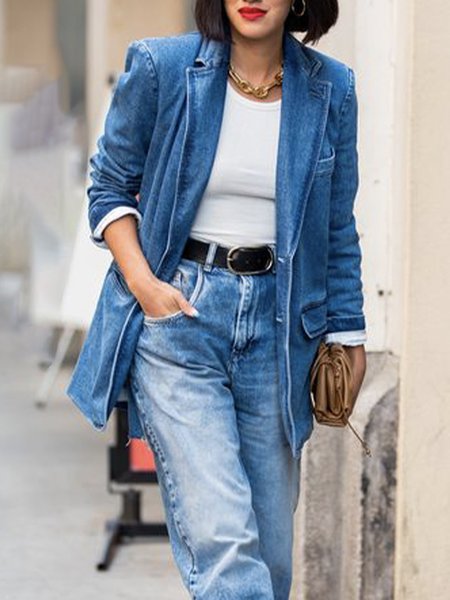 

Regular Fit Lapel Collar Casual Plain Denim Coat, Blue, Jackets