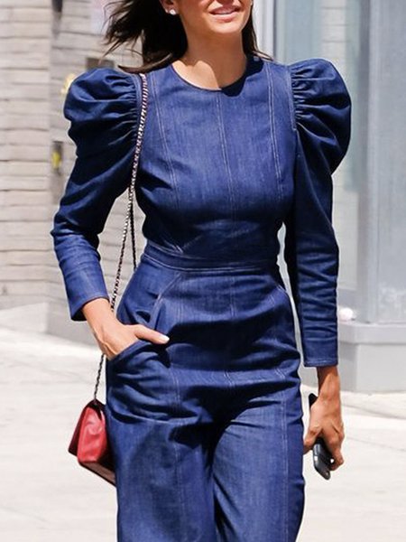 

Long sleeve Denim Crew Neck Casual Denim Top, Blue, Tops