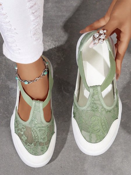 

Breathable Mesh Floral Casual Slip On T-bar Sneakers, Green, Sneakers